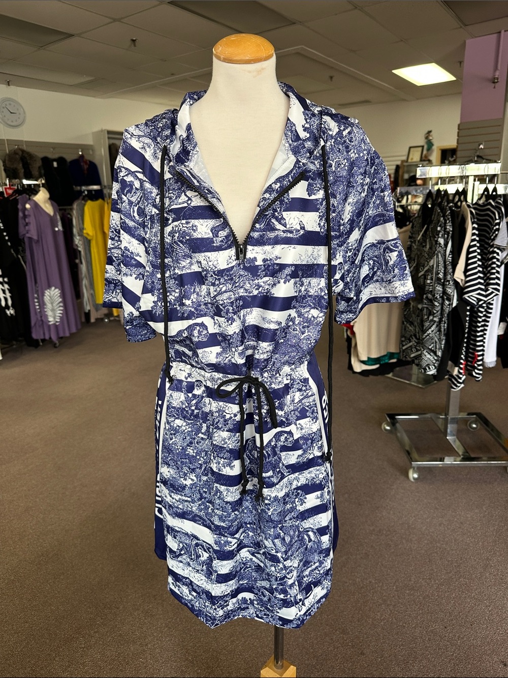 Classic Navy & White Striped Mini Dress with Drawstring Waist
